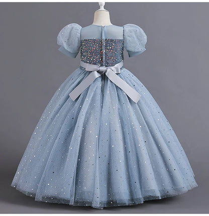 Children's Dress Girls' Princess Sequin Bubble Sleeve Long Mesh Flower Little Girl Wedding For Summer