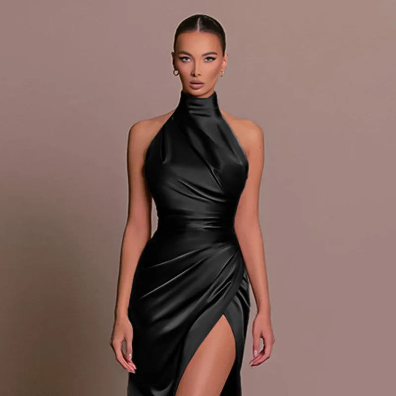 Womens Elegant Long Formal Evening Cocktail Party Dress Sexy High Split Ruched Bodycon Wedding Guest Bridemaid Maxi Dress