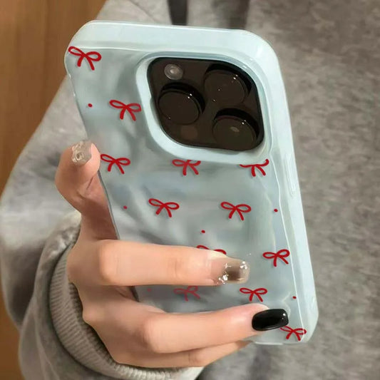Red Bow Dots Folds Texture Phone Case For iPhone 11 Funda iPhone 17 13 14 15 16 Pro Max 12 Plus 14promax Shockproof Soft Cover