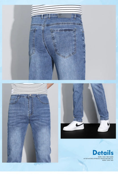 Men's Ice Silk Denim Cargo Pants Summer New Thin Business Casual Jeans Outdoor Y2K All Match Slim Fit Straight Elastic Jean Male