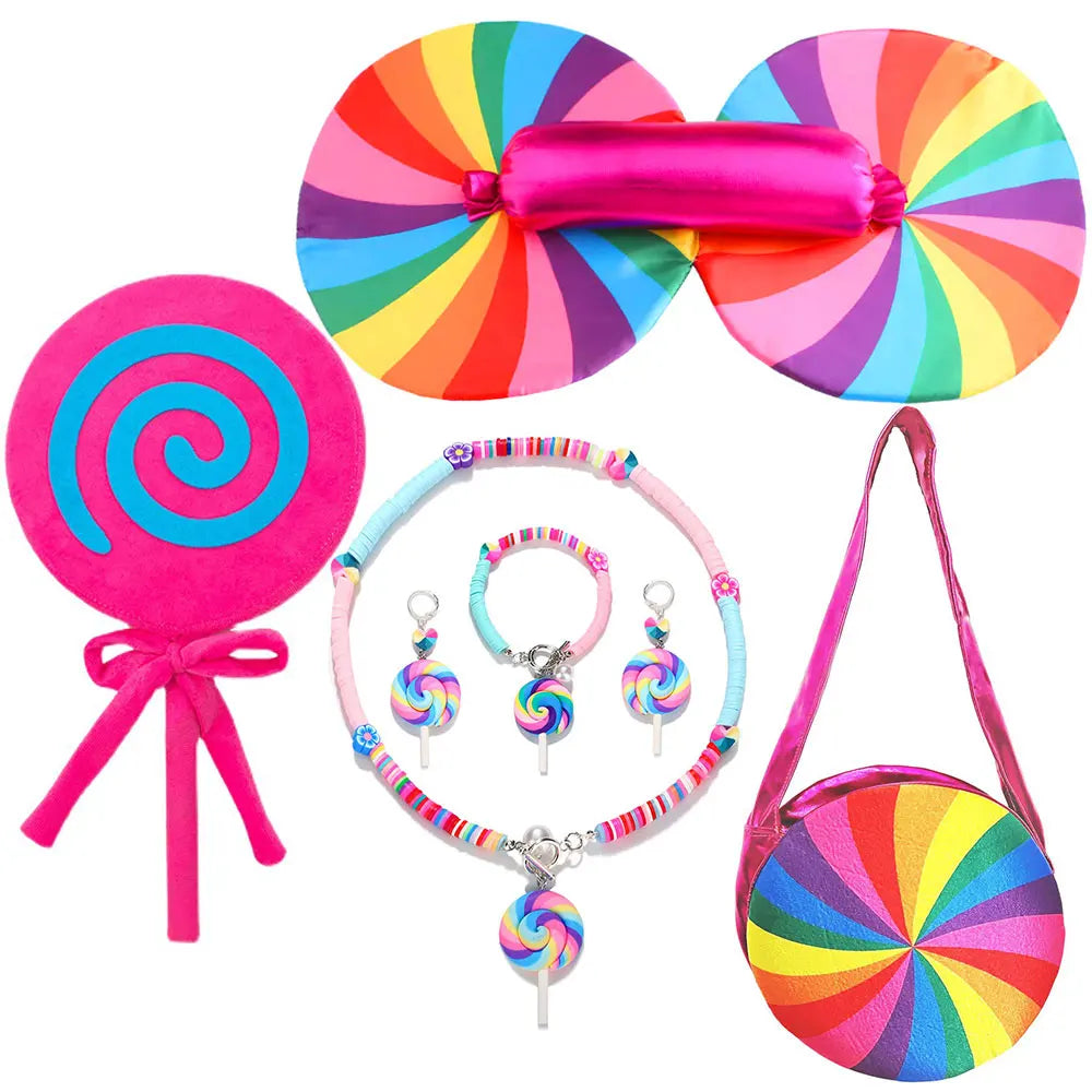Presente Clássico para Festa de Carnaval de Purim para Meninas Vestido Arco-Íris Assimétrico Longo e Curto com Manga Doce Conjunto de Vestidos Fofos para Férias de Natal