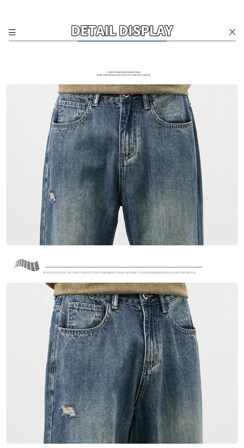 Korea Baggy Cargo Jeans Men Vintage Straight Ripped Y2k Pants Fashion Frayed High Street Distressed Denim Trousers Male Clothes