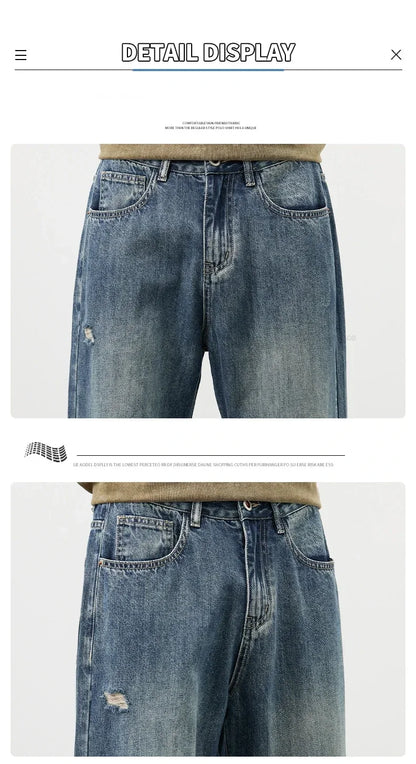 Korea Baggy Cargo Jeans Men Vintage Straight Ripped Y2k Pants Fashion Frayed High Street Distressed Denim Trousers Male Clothes