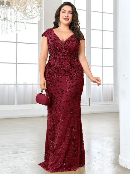 Plus Size Elegant Blue Evening Dress For Women 2024 Luxury Long Mermaid Formal Sequins V-neck Prom Wedding Party Gown