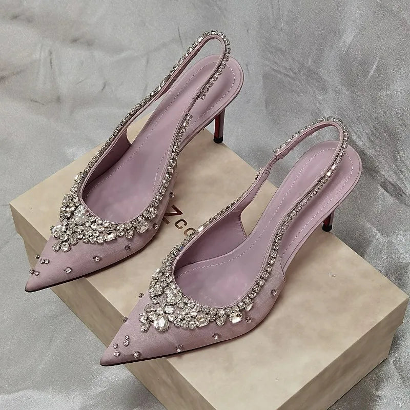 Luxury Diamonds Designer High Heels Women Satin Pointy Toe Pumps Rhinestone Sandals Female Shiny Sexy Wedding Dress Party Shoes