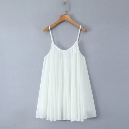 Women White  Big Backless Sling Dress O neck Back Zipper Loose Swing Mini Short Dresses Holiday Robe