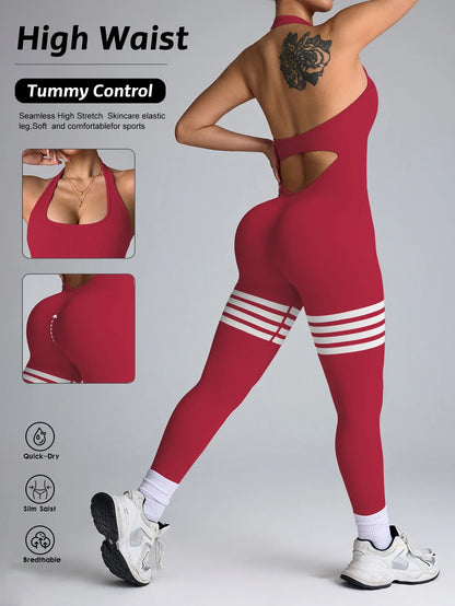 Women Line Backless Gym Yoga Jumpsuits Training Yoga Butt Lifting Workout Fitness Halter Rompers Bodysuita