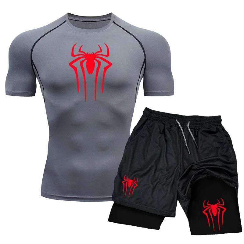 New Compression Set Spider Print Sportwear for Men Quick Dry GYM Shorts+Shirt 2PCS Quick Dry Short Sleeve Trainning Sport Suit
