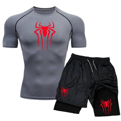 New Compression Set Spider Print Sportwear for Men Quick Dry GYM Shorts+Shirt 2PCS Quick Dry Short Sleeve Trainning Sport Suit