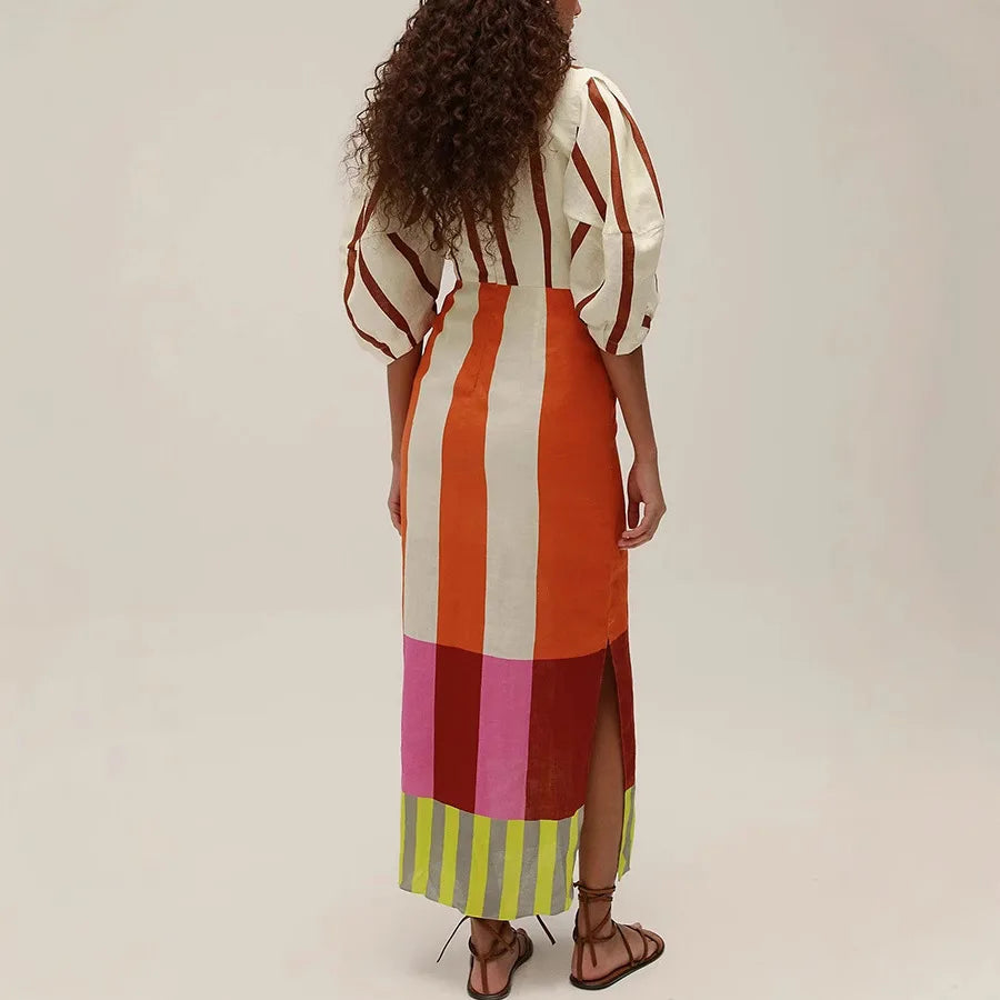Women Linen Material Long Dresses Fashion Chic Print Sexy V-neck Hollow Out High Waist Party Dress Lady robes
