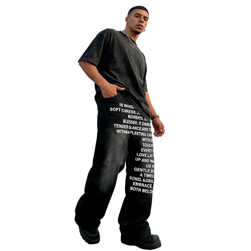Calça Jeans Streetwear Retrô Hip-Hop Masculina Casual Perna Larga Estampada Solta