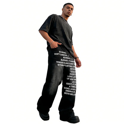 Calça Jeans Streetwear Retrô Hip-Hop Masculina Casual Perna Larga Estampada Solta