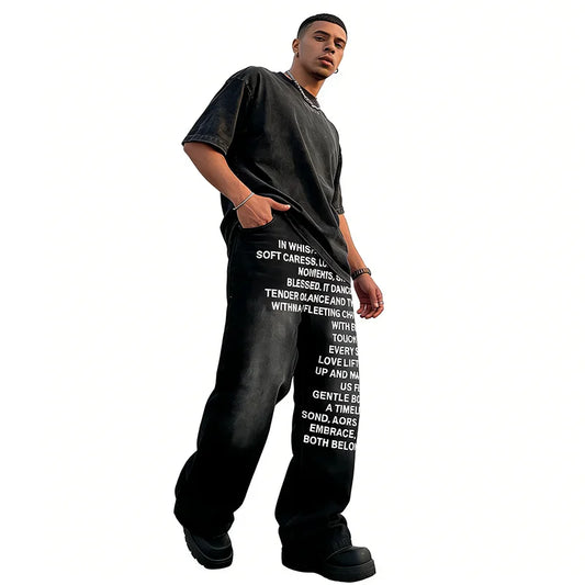 Fashion Retro Streetwear Hip-Hop Pants Casual Pants Men'S Wide Leg Pants Letter Printed Jeans Baggy Pants
