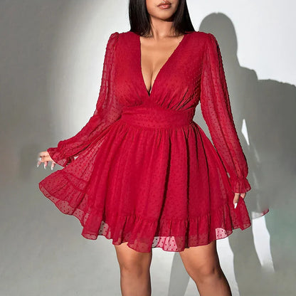 New Sexy V-Neck Short Dress Plus Size Solid Polka Dot Long-Sleeve American Slim A-Line Skirt Elegant Party Women's Evening Dress