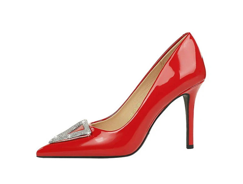 American Banquet High Heels Slim Heels Shiny Patent Leather Shallow Mouth Pointed Toe Shining Rhinestone High Heels Single Shoes