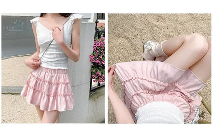 Elegant pink mini dress new summer thin style French ballet design cake skirt lace edge WOMEN'S JK skirt