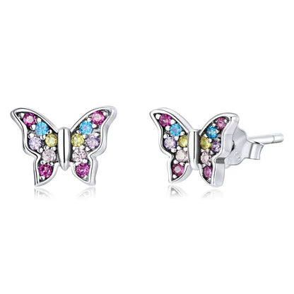 925 Sterling Silver Animals Cute Paws Rainbow Stud Earrings For Women Heart Oval Flower Zircon Crab Ear Studs Jewelry Gift