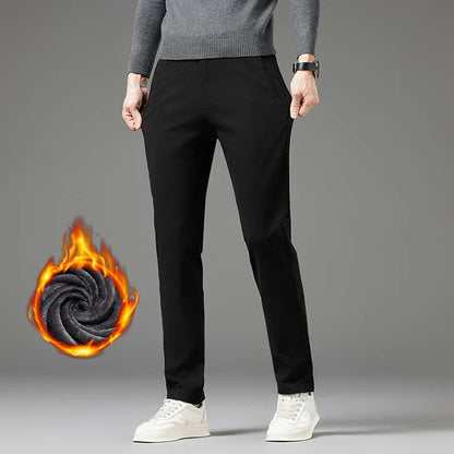 Winter Thickened Men's Velvet Casual Pants Fleece Warm Fashion Solid Color Straight Elastic Male Business Plush Pants