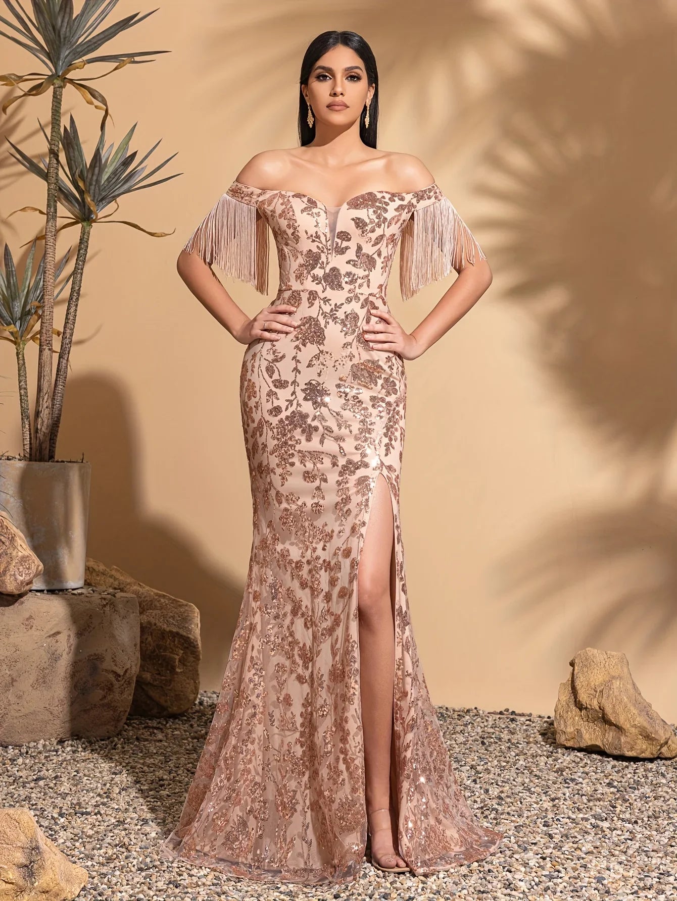 Off-the-shoulder sequined tassel sleeve slit dress