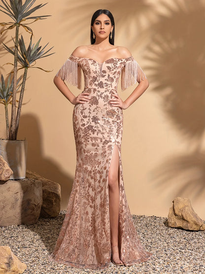 Off-the-shoulder sequined tassel sleeve slit dress