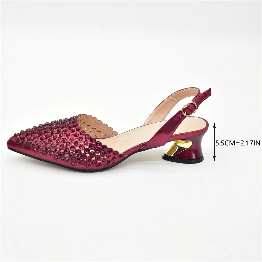 Fashion Italian Shoes with Matching Bags Set with Rhinestone African Shoes for Women Mid Heels Party Pumps Plus Size Heels 43