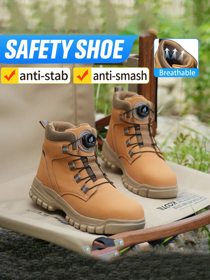 Leather Non Slip Work Boots for Men Rotating Button Safety Shoes Steel Toe Sneaker Male Puncture Proof Protective Boots