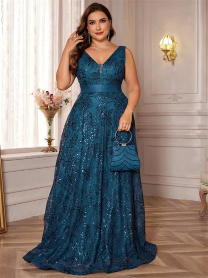 Plus Size Luxury V-Neck Black Sequins Evening Dresses Women Elegant V-back Wedding Party Long Prom Cocktail Gowns