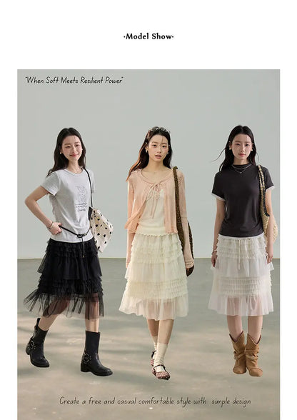Korean Style Lace Elastic Waist Cake Skirt Mesh Puffy Skirt Women's Dress Knee Length Casual A-Line Skirt Micro Stretch No Slit