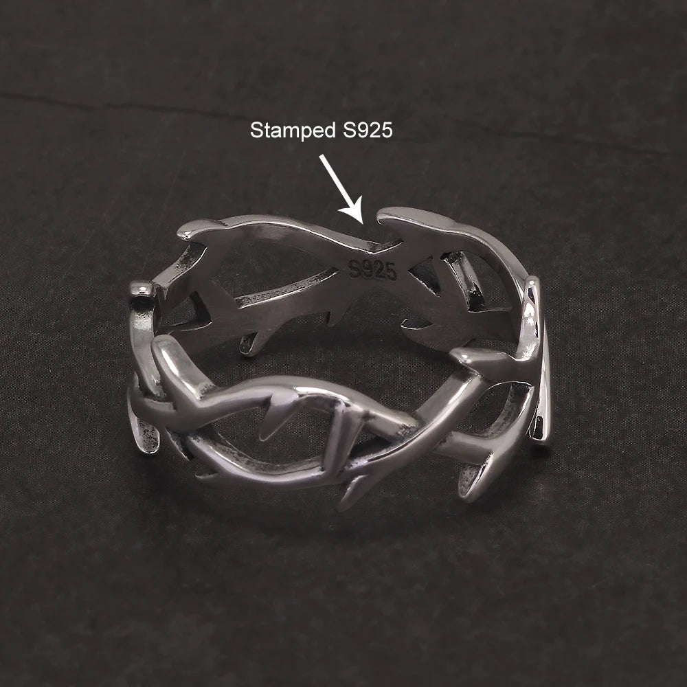 925 Sterling Silver Gothic Thorn Couple Rings for Women Men Punk Retro Cool Spiky Finger Ring Adjustable Hip-hop Y2k Jewelry