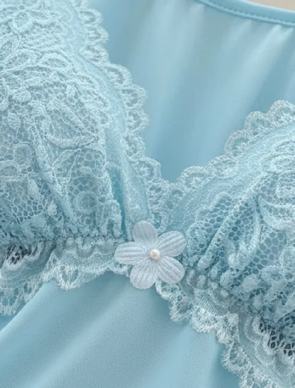 Plus Size Women's Elegant & Soft Lace Patchwork Pearl & Small Flower Embellished Camisole + Shorts Pajamas Loungewear Set