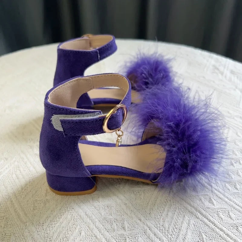 New Girls Low-heels Sandals Summer Fluffy Kids Princess Catwalk Shoes Open-toe Versatile Children Fashion Wedding Party Sandals