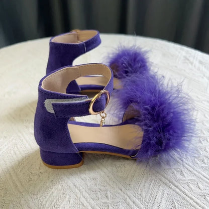 New Girls Low-heels Sandals Summer Fluffy Kids Princess Catwalk Shoes Open-toe Versatile Children Fashion Wedding Party Sandals
