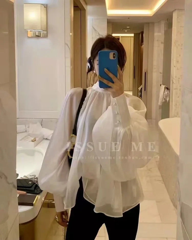 Women's Satin Blouses Stylish Big Bow Shirts 2023 Spring Autumn New Fashion Korean Edition Casual Puff Sleeve Female Solid Top
