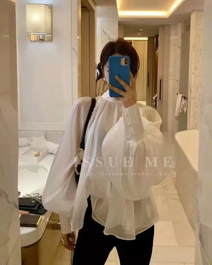 Women's Satin Blouses Stylish Big Bow Shirts 2023 Spring Autumn New Fashion Korean Edition Casual Puff Sleeve Female Solid Top