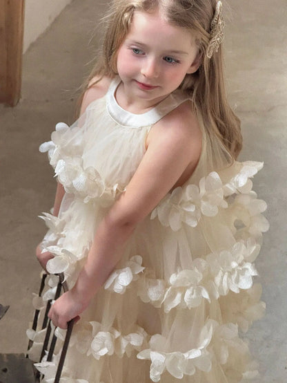 2025 Spring Summer New Children Clothing Girls Neck Hanging Flower Layered Long Dress Korean Children Birthday Princess Dress