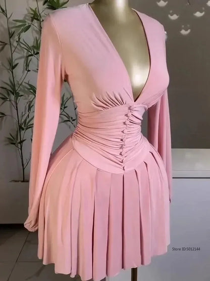 Women's Party Mini Dress 2025 Spring/summer Latest Casual Sexy Plunge Ruched Lantern Sleeve Button Daily A Line Short Skirt