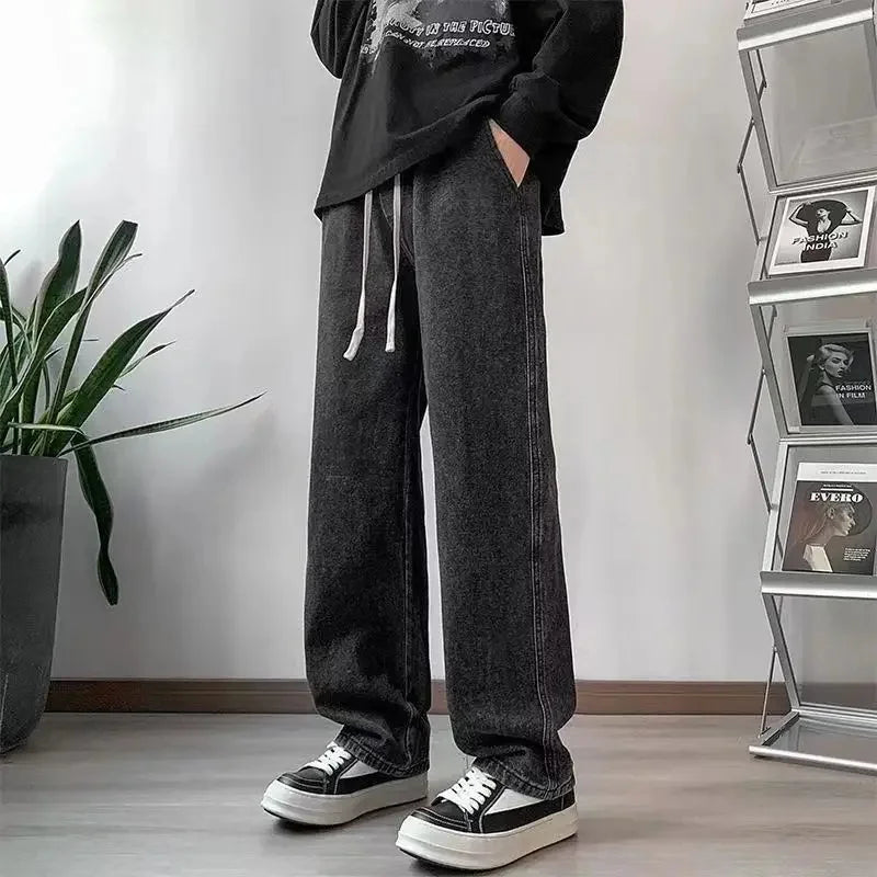 Loose Fit High Waist Elastic Waistband Summer Thin Denim Jeans Women Straight Leg Nine-Tenths Length Trendy American Street Styl