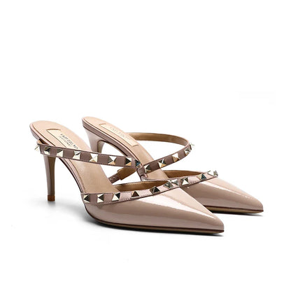2025 New Genuine Leather Gladiator Pumps Sandals Luxury Metal Rivets Summer Women Outdoor Slippers Black Fashion High Heels 41