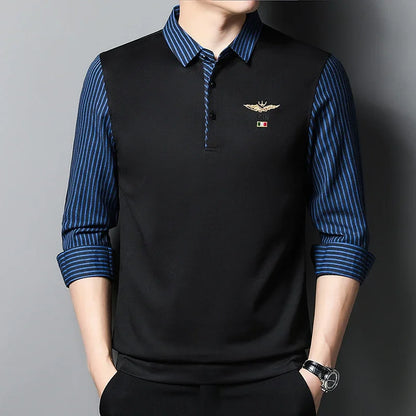 2025 New Men's Casual and Fashionable Long Sleeved POLO Shirt with Contrasting Print Anti Wrinkle Top