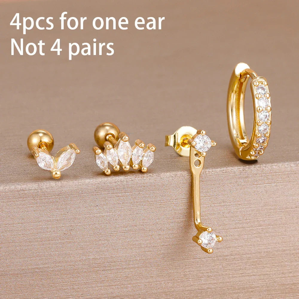 4PCS Stainless Steel Circle Huggie Hoop Earrings Set for Women Gold Color Unique Zircon Flower Stud Earring Piercing Jewelry