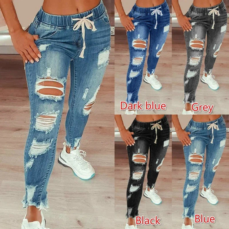 Women Elastic Waist Drawstring Pencil Denim Jeans