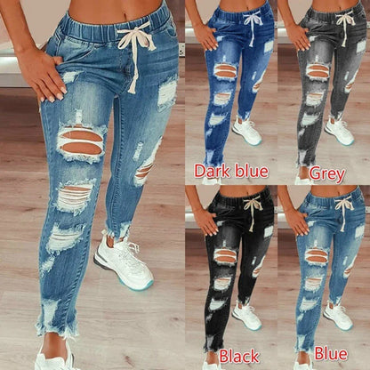 Women Elastic Waist Drawstring Pencil Denim Jeans