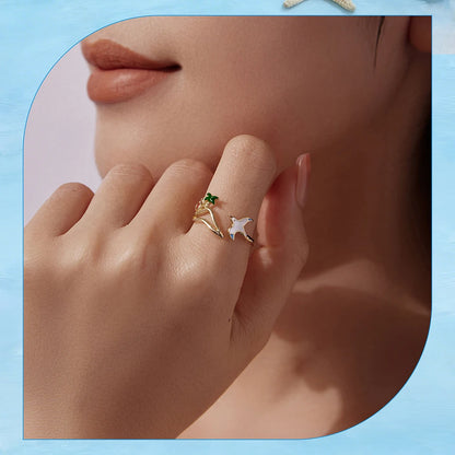 925 Sterling Silver Seagull & Island Open Ring, Adjustable Beach Vacation Rings Boho Style Jewelry with Green Palm