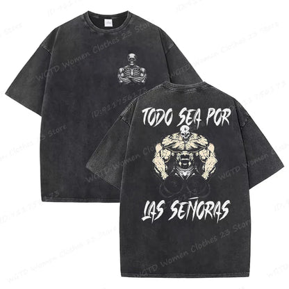 Calacas Chidas Gym Washed T-Shirts Men's Trendy Cool Skeleton & Gym Print Oversized Tshirt Summer Tees Streetwear Casual Tops