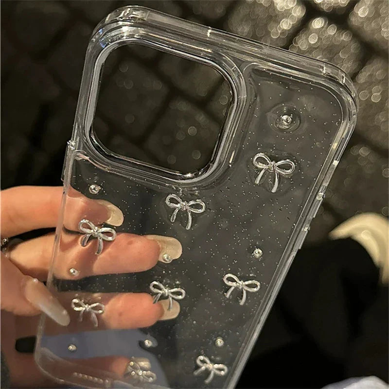 INS Korea Glitter 3D Silver Bow Beads Phone Case For iPhone 16 15 14 13 12 11 17 Pro Max 7 8 Plus X Epoxy Shell Girl Clear Cover