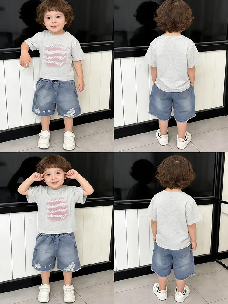 Toddler Boys 2Pcs Summer Outfits Letter Print Short Sleeve T-Shirt Ripped Denim Shorts Set Kids Boys Casual Daily Clothes 2-6Y