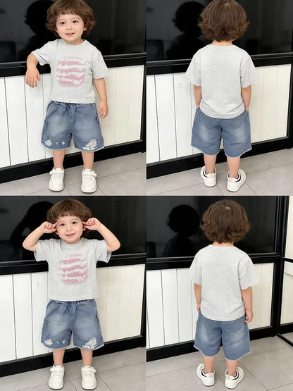 Toddler Boys 2Pcs Summer Outfits Letter Print Short Sleeve T-Shirt Ripped Denim Shorts Set Kids Boys Casual Daily Clothes 2-6Y