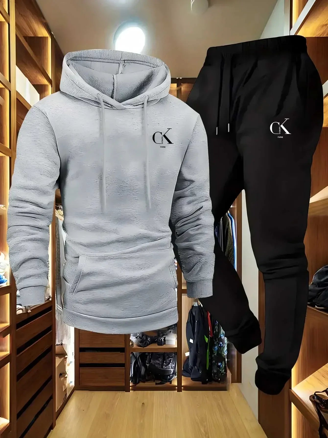 The 2025 men's printed hooded sweater and sports pants set with a casual grey pocket home wear is suitable for spring and autumn