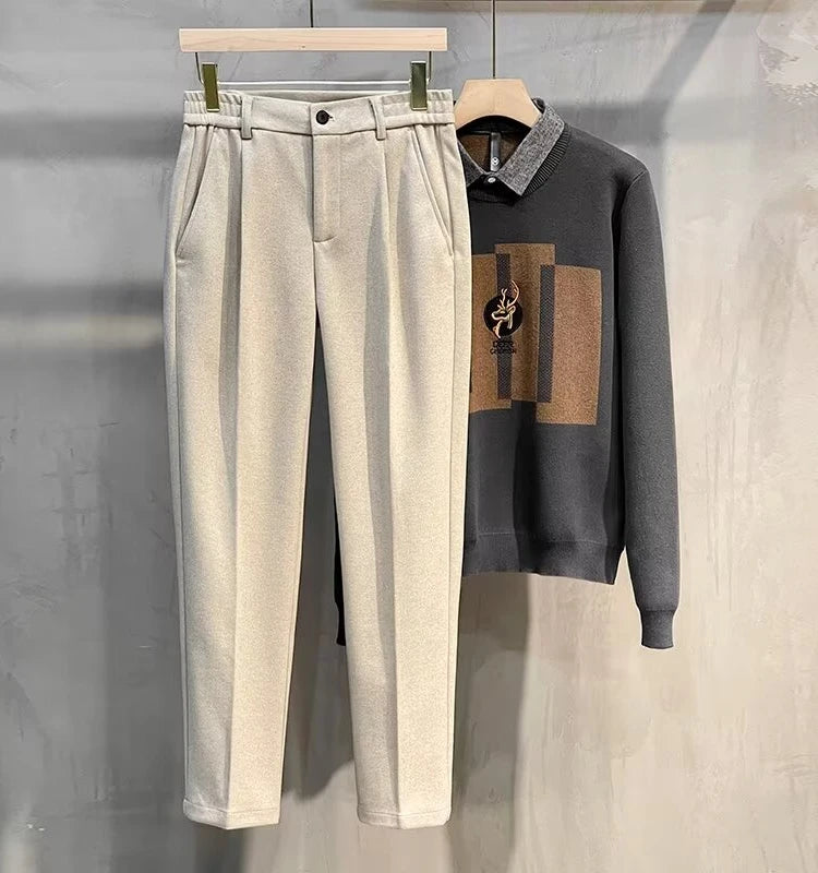 Men's Woolen Straight Leg Casual Pants Autumn Winter Thickened Fashionable Nine Point Pants mid Waist Pure Color Anti-Wrinkle