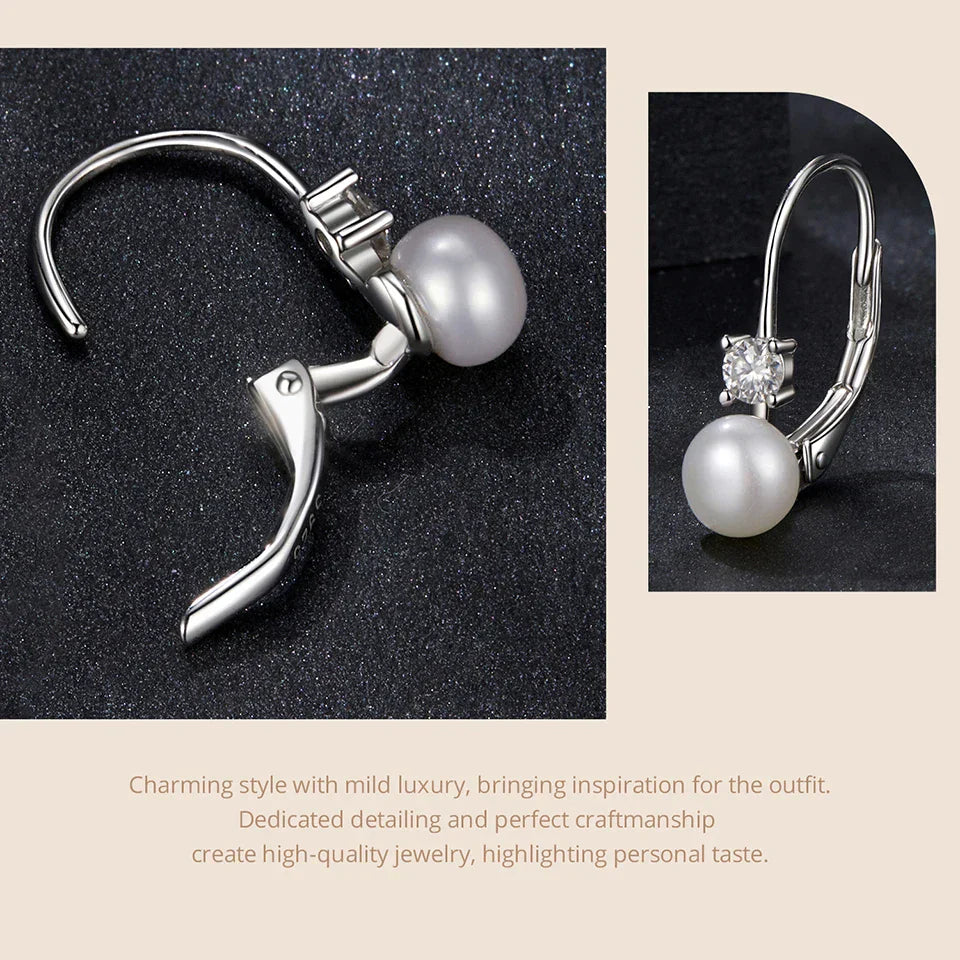 Moissanite Freshwater Pearl Earrings for Women Wedding, Round Cut Lab Diamond 925 Sterling Silver Drop Dangle Ear Buckles